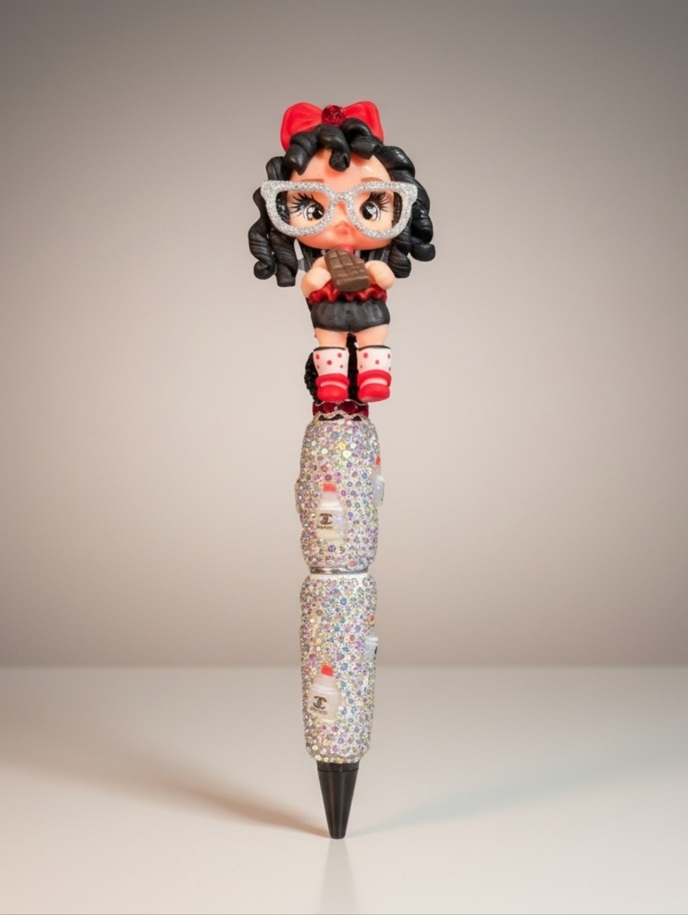 Custom Handmade Luxury Bling Pen - Artisan Clay Doll - Chocolate Lover Gift